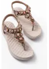 Dm-609 Bej Taşlı Arka Lastikli Parmak Arası Kadın Sandalet