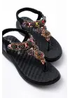 Dm-609 Siyah Taşlı Arka Lastikli Parmak Arası Kadın Sandalet