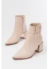 Bej Toka Aksesuarlı Topuklu Fermuarlı Günlük Kadın Bot