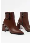 Kahverengi Toka Aksesuarlı Topuklu Fermuarlı Günlük Kadın Bot