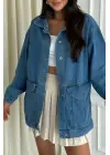 Düz Orta Kadın Mavi Cepli Kot Ceket