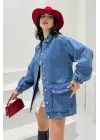 Düz Orta Kadın Mavi Cepli Kot Ceket