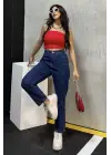 Düz Orta Kadın Mavi Slim Fit Mom Pantolon