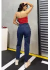 Düz Orta Kadın Mavi Slim Fit Mom Pantolon