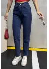 Düz Orta Kadın Mavi Slim Fit Mom Pantolon