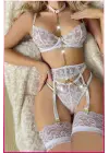 Ekru Göğüs Balenli Dantelli Zincir Detaylı Seksi Jartiyer Takım