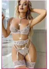 Ekru Göğüs Balenli Dantelli Zincir Detaylı Seksi Jartiyer Takım