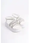 Elena Lastikli Taşlı Şeritli Ortopedik Taban Kadın Sandalet  Bt - Beyaz