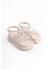 Elena Lastikli Taşlı Şeritli Ortopedik Taban Kadın Sandalet  Kt - Krem