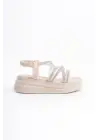 Elena Lastikli Taşlı Şeritli Ortopedik Taban Kadın Sandalet  Kt - Krem