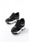 F-209 Siyah Bağcıklı Fileli Taş Aksesuarlı Günlük Spor Ayakkabı
