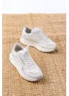 F-307 Beyaz Bağcıklı Saten Taş Aksesuarlı Günlük Spor Ayakkabı