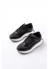 F-307 Siyah Bağcıklı Saten Taş Aksesuarlı Günlük Spor Ayakkabı