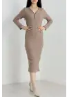 Fermuar Detaylı Fitilli Şardonlu Elbise Bej A3178