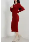 Fermuar Detaylı Fitilli Şardonlu Elbise Bordo A3178