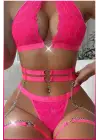 Fuşya Dantel Kalp Detaylı Zincirli Seksi İç Giyim Seti