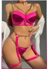 Fuşya Merdiven Zincirli Göğüs Balenli Kadın Seksi Jartiyer Takım