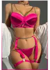 Fuşya Merdiven Zincirli Göğüs Balenli Kadın Seksi Jartiyer Takım