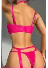 Fuşya Merdiven Zincirli Göğüs Balenli Kadın Seksi Jartiyer Takım