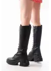 Siyah Yüksek Tabanlı Bağcıklı Fermuarlı Günlük Kadın Çizme