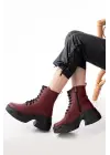 Bordo Yüksek Tabanlı Bağcıklı Fermuarlı Günlük Kadın Bot