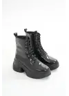 Siyah Rugan Yüksek Tabanlı Bağcıklı Fermuarlı Günlük Kadın Bot