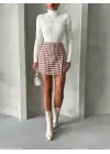 İki Düğmeli Kaz Ayağı Desen Ch Kumaş Şort Etek Bordobeyaz H26414