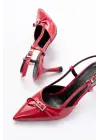 Kırmızı Rugan Günlük Arkası Açık Fiyonklu Topuklu Bayan Ayakkabı