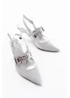 Gümüş Simli Günlük Arkası Açık Baret Tokalı Topuklu Bayan Ayakkabı
