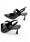 Siyah Günlük Arkası Açık Baret Tokalı Topuklu Bayan Ayakkabı