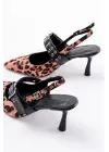 Siyah Leopar Günlük Arkası Açık Baret Tokalı Topuklu Bayan Ayakkabı