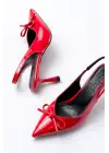 İNF-4500 Kırmızı Rugan Günlük Arkası Açık Fiyonklu Topuklu Bayan Ayakkabı