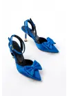 İNF-4505 Mavi Saten Günlük Arkası Açık Kurdele detaylı Topuklu Bayan Ayakkabı