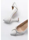 Beyaz Günlük Sarmal Taşlı Topuklu Kadın Ayakkabı