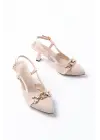 K-250 Pudra Keten Günlük Arkası Açık Tokalı Topuklu Kadın Ayakkabı