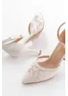 K-404 Beyaz Fileli Çiçek Detaylı  Kadın Topuklu Ayakkabı