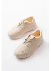 K-504 Bej Bağcıklı Desenli Günlük Spor Ayakkabı