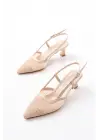 K-607 Bej Günlük Fileli Arkası Açık 7 cm Topuklu Bayan Ayakkabı