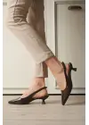 Kadın Acı Kahve Kırışık Rugan Sivri Burun Slingback Kısa Topuklu Ayakkabı TR20MS04D