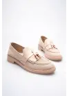Kadın Bej Boncuk Püsküllü Günlük Kısa Topuklu Ayakkabı TR30MS01B