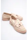 Kadın Bej Boncuk Püsküllü Günlük Kısa Topuklu Ayakkabı TR30MS01B