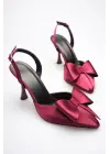 Kadın Bordo Fiyonklu Saten Slingback Topuklu Ayakkabı TR40MS01D