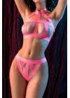 Kadın Fantazi Seksi Pembe Bant Detaylı İç Giyim Takımı, Fetiş Tarz İki Parça Transparan Set
