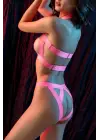 Kadın Fantazi Seksi Pembe Bant Detaylı İç Giyim Takımı, Fetiş Tarz İki Parça Transparan Set