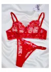Kadın  Kalpli Kırmızı Dantelli Balenli  Sütyen Külot Takım