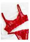 Kadın  Kalpli Kırmızı Dantelli Balenli  Sütyen Külot Takım