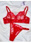 Kadın  Kalpli Kırmızı Dantelli Balenli  Sütyen Külot Takım