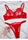 Kadın  Kalpli Kırmızı Dantelli Balenli  Sütyen Külot Takım