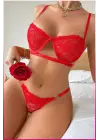 Kadın Kırmızı Dantelli Balenli  Sütyen Külot Takım