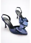 Kadın Lacivert Fiyonklu Saten Slingback Topuklu Ayakkabı TR40MS01E